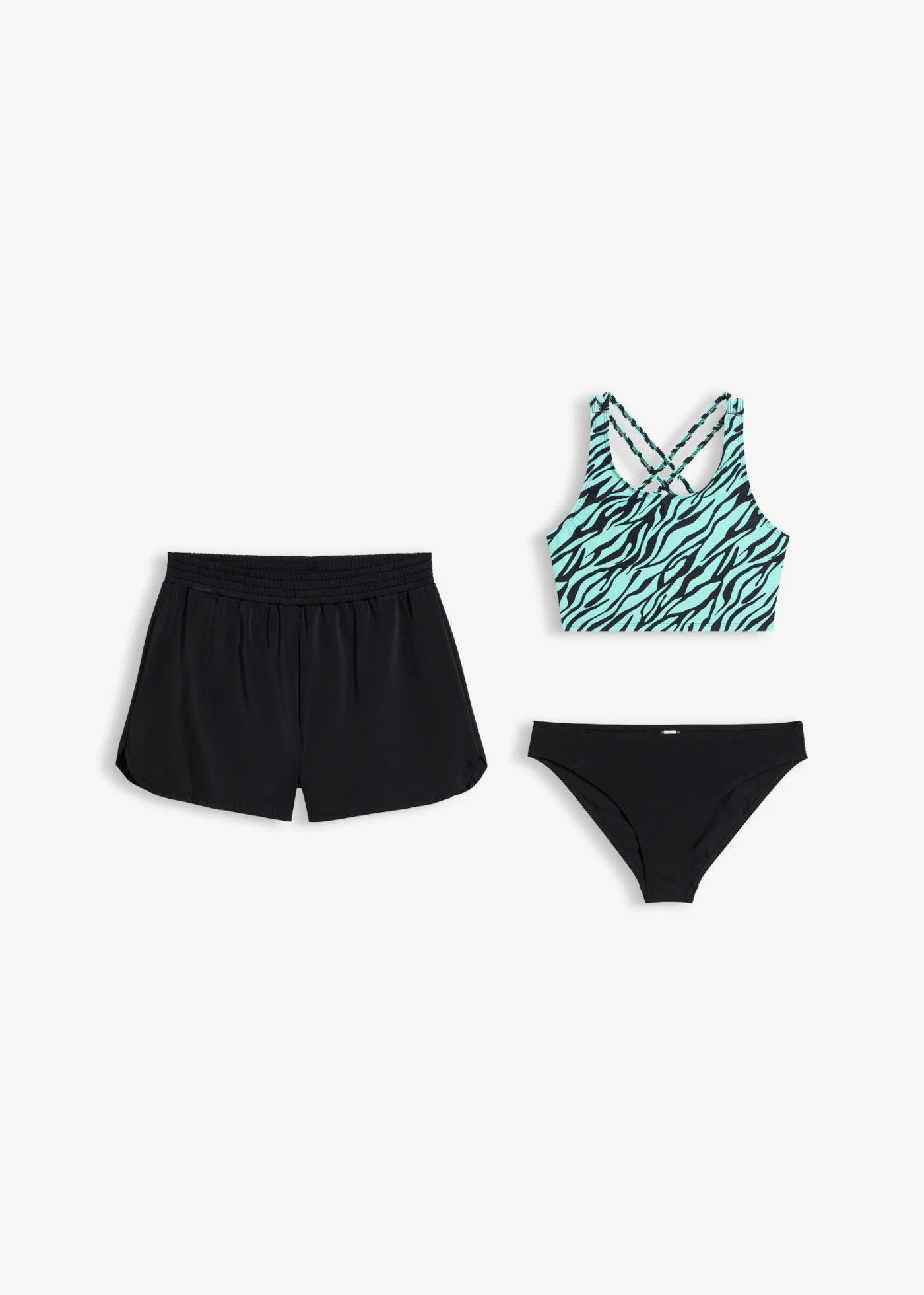 Bikini + szorty (komplet 3-cz.) • czarny-niebieski mentolowy w paski zebry • sklep bonprix