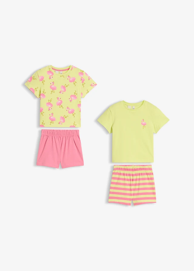 2 pyjashorts 100% coton (ens. 4 pces), Couleur: vert-rose vif rayé + vert-rose vif imprimé