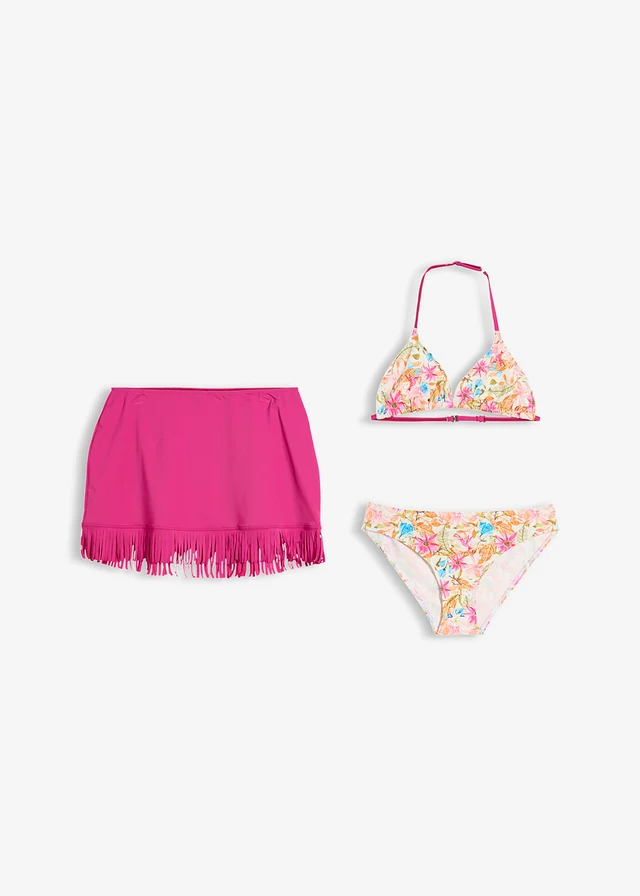 Bikini ze spódniczką kąpielową (zestaw 3 cz.) • fuksjowy róż w kwiaty • sklep bonprix