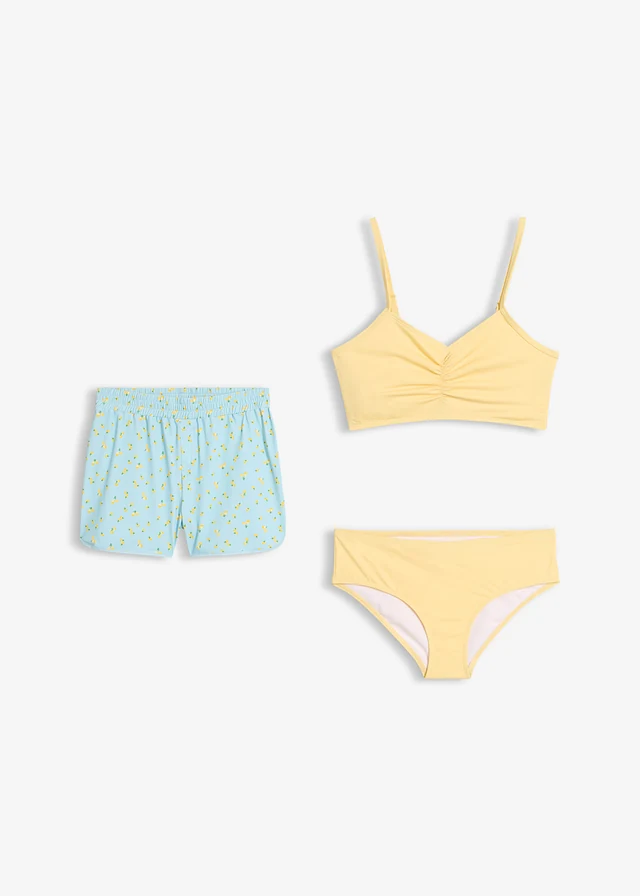 Bikiny a koupací šortky (3dílná souprava), barva: světle žluto-ledově modrá s potiskem