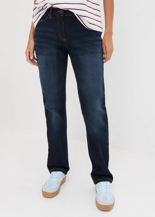 Jean droit taille mi-haute et élastiquée, Couleur: bleu foncé denim