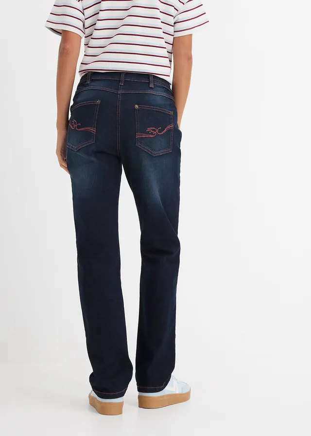 Jean droit taille mi-haute et élastiquée, Couleur: bleu foncé denim