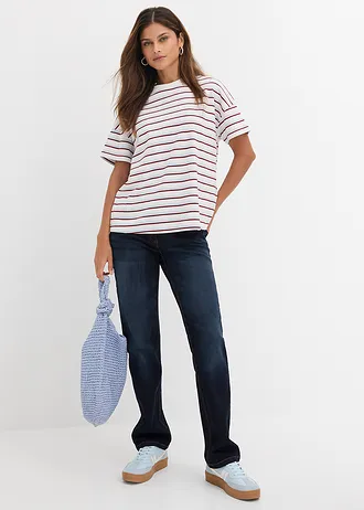 Jean droit taille mi-haute et élastiquée, Couleur: bleu foncé denim