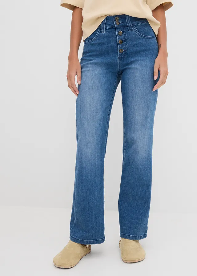 Jean droit taille haute, extensible, Couleur: bleu denim used
