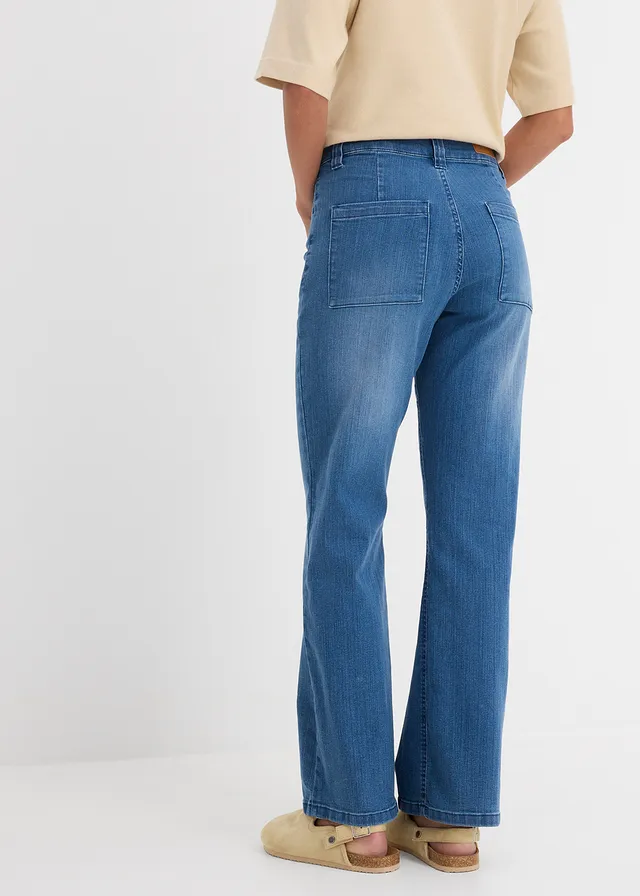 Jean droit taille haute, extensible, Couleur: bleu denim used
