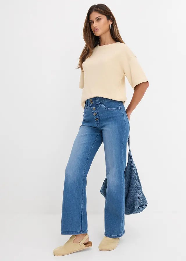 High waist stretch jeans, straight, Kleur: blue stone used