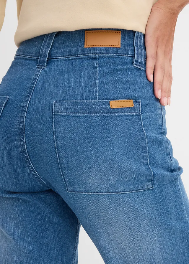 Jeansy ze stretchem, high waist, straight • niebieski denim "used" • sklep bonprix