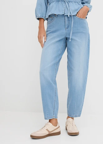 Jeansy barrel, wysoki stan, krótsza długość • jasnoniebieski denim "used" • sklep bonprix