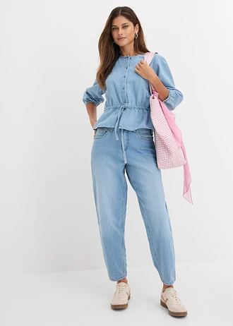 Jeansy barrel, wysoki stan, krótsza długość • jasnoniebieski denim "used" • sklep bonprix