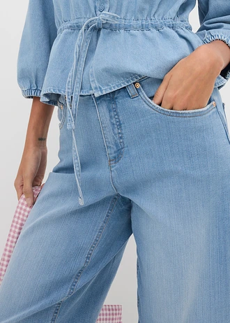 Jeansy barrel, wysoki stan, krótsza długość • jasnoniebieski denim "used" • sklep bonprix