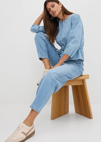 Jeansy barrel, wysoki stan, krótsza długość • jasnoniebieski denim "used" • sklep bonprix