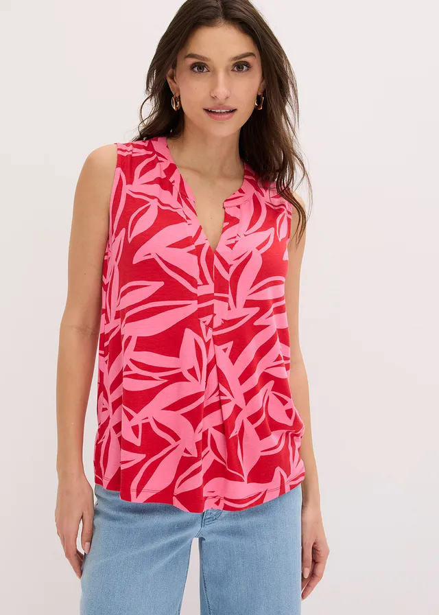 Top en jersey viscose doux, Couleur: rouge-rose vif floral