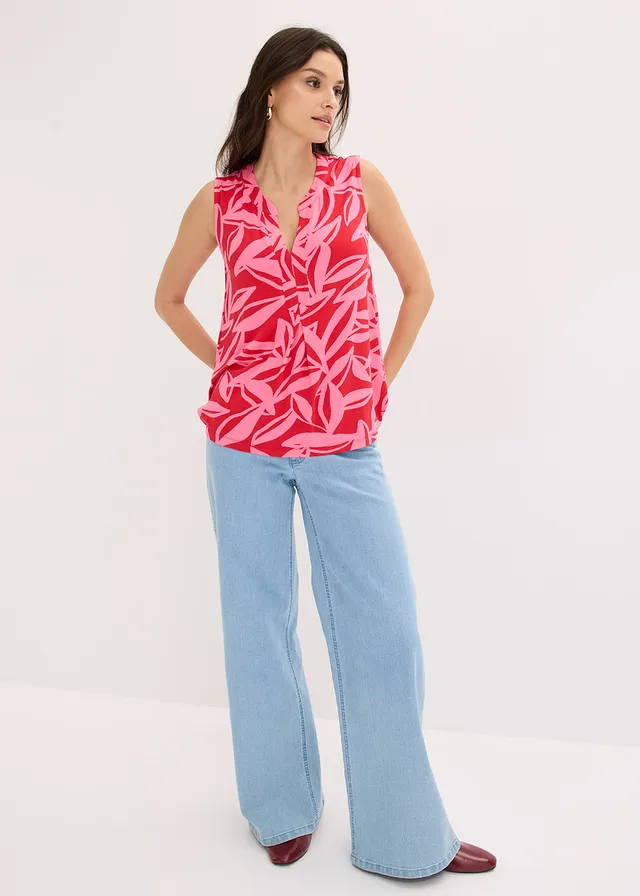 Top en jersey viscose doux, Couleur: rouge-rose vif floral