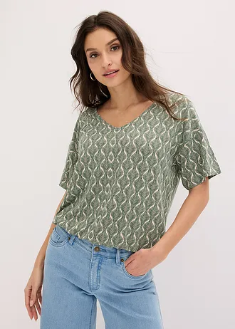 T-shirt oversize en viscose extensible • beige sable-vert foncé imprimé • Boutique bonprix