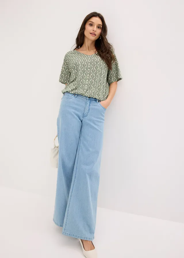 T-shirt oversize en viscose extensible, Couleur: beige sable-vert foncé imprimé