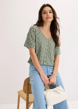 T-shirt oversize en viscose extensible • beige sable-vert foncé imprimé • Boutique bonprix
