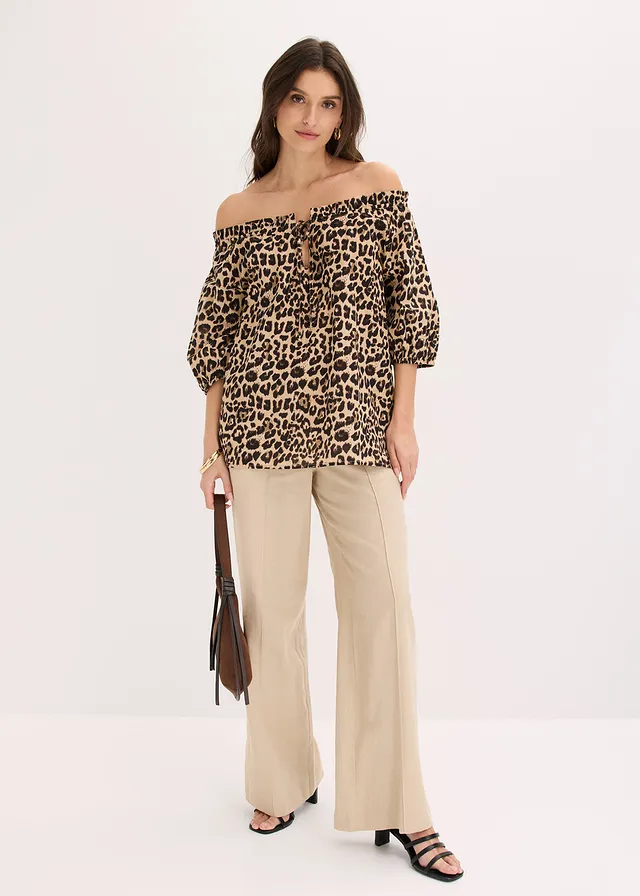 Blouse met korte mouwen van biologisch katoen beige