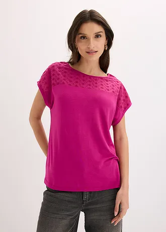 Shirt in een zachte viscosemix met kanten inzet, Kleur: fuchsiapink