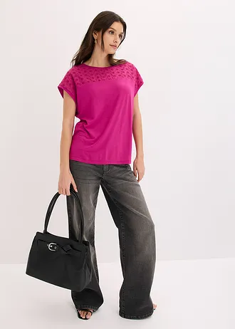 Shirt in een zachte viscosemix met kanten inzet, Kleur: fuchsiapink