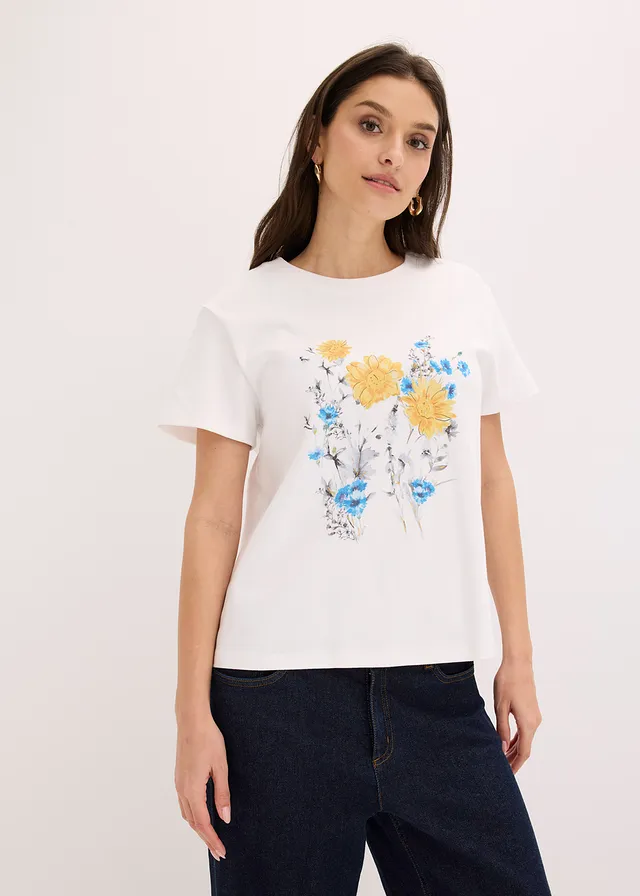 Shirt van puur katoen, Kleur: wit gebloemd