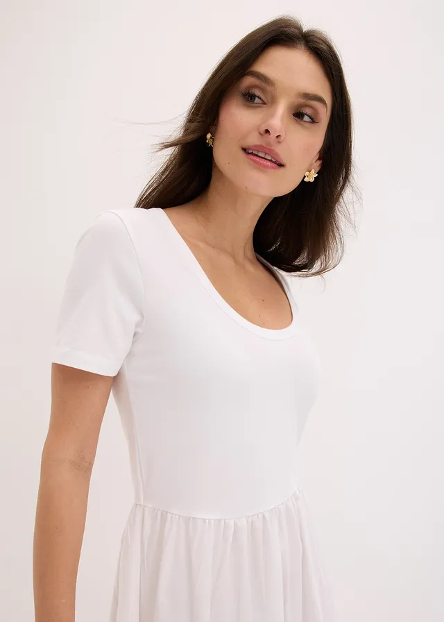 Jersey jurk met korte mouwen en zakken, van materiaalmix • wit • product-page.page-title-suffix