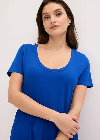 Rochie din jerse cu mâneci scurte și buzunare, din mix de materiale • bleumarin • magazin bonprix