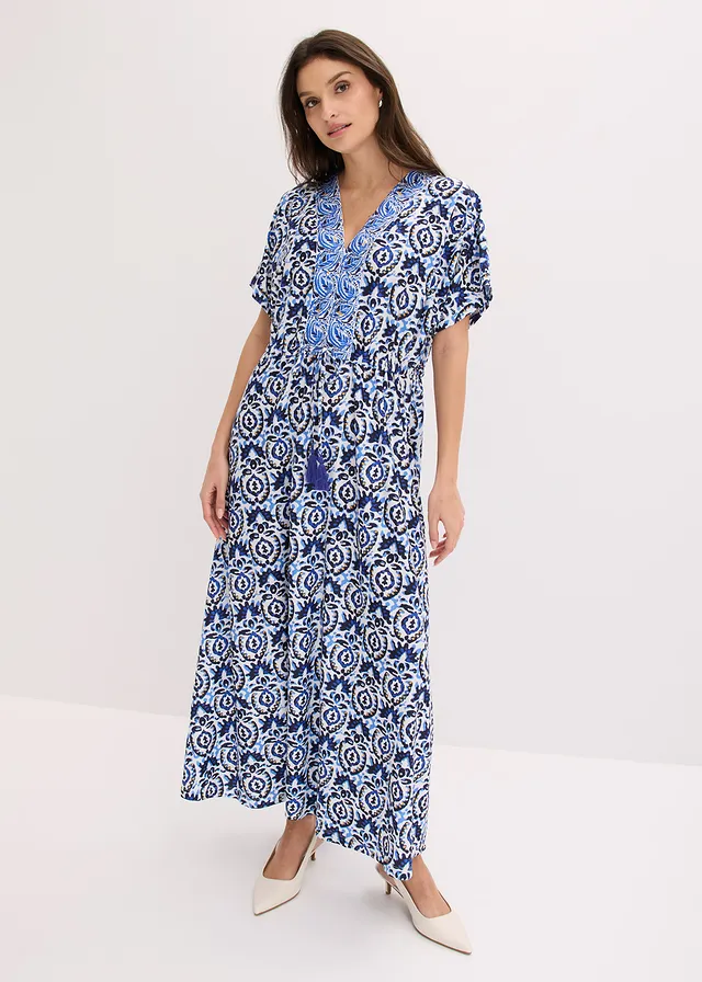 Maxi jurk van jersey • wolwit-blauw met print • product-page.page-title-suffix
