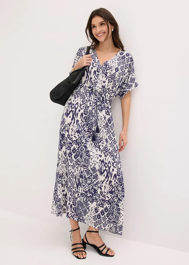 Robe longue en viscose fluide, Couleur: écru/bleu foncé imprimé