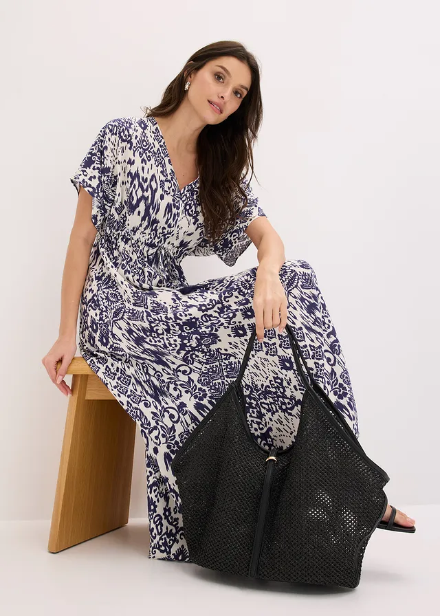 Robe longue en viscose fluide • écru/bleu foncé imprimé • product-page.page-title-suffix