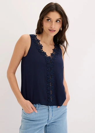 Blousetop van gestructureerde crinkle, Kleur: donkerblauw