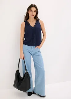 Blousetop van gestructureerde crinkle donkerblauw