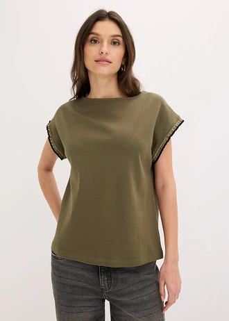 T-shirt en coton à liseré contrastant • olive foncé • Boutique bonprix