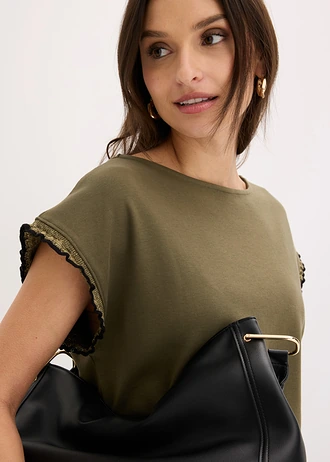 Shirt van puur katoen met versiering • donkerolijfgroen • bonprix online shop