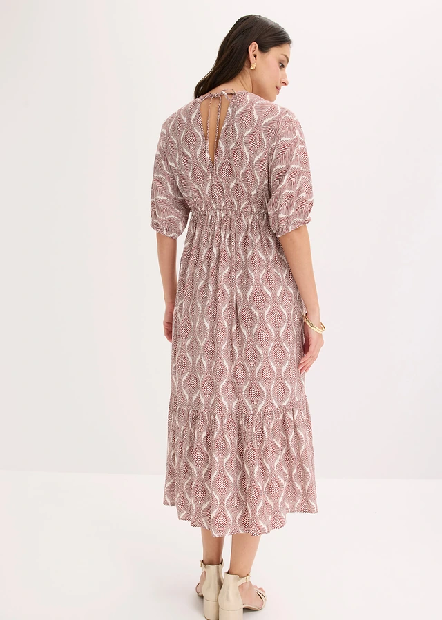 Robe midi en viscose fluide, Couleur: rouge désert-blanc nacré graphique