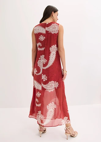 Robe longue en mousseline, Couleur: rouge désert-blanc nacré paisley