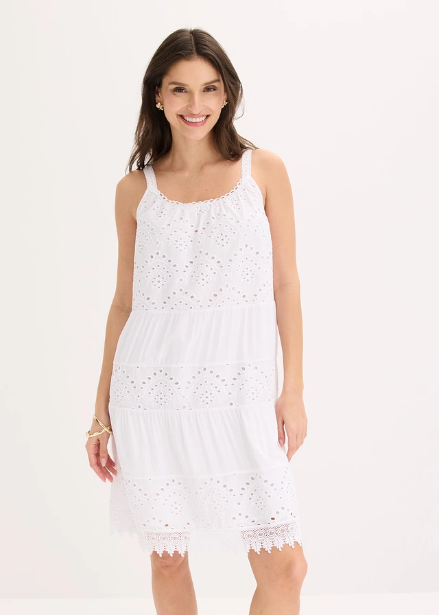 Robe à fines bretelles en viscose avec dentelle, Couleur: blanc