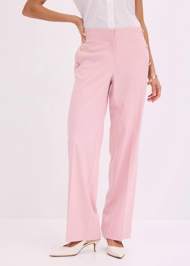 Pantalon large à pinces et boutons décoratifs, Couleur: rose cendré