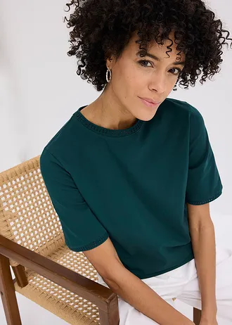T-shirt à liserés en dentelle • vert profond • Boutique bonprix