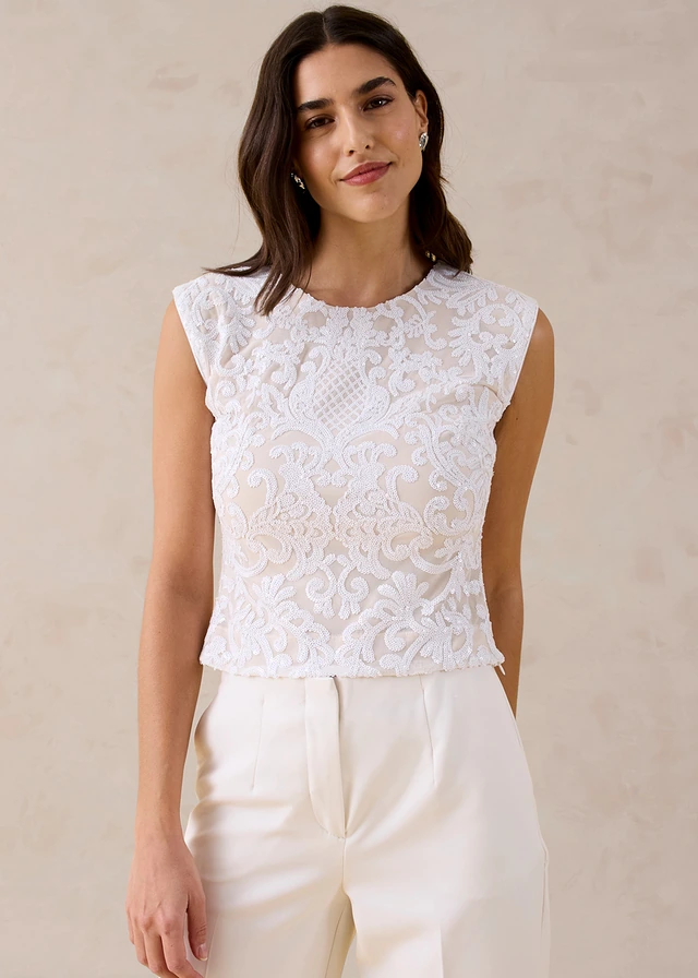 Top met pailletten, Kleur: wolwit