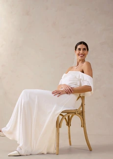 Trouwjurk van fijn chiffon met drapering verguld-crème