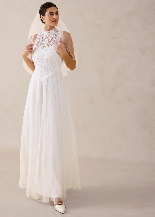 Trouwjurk met tule en kant, Kleur: wit