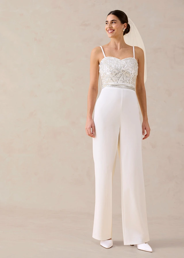 Jumpsuit van gestructureerde crêpe met parelborduursel, Kleur: wolwit