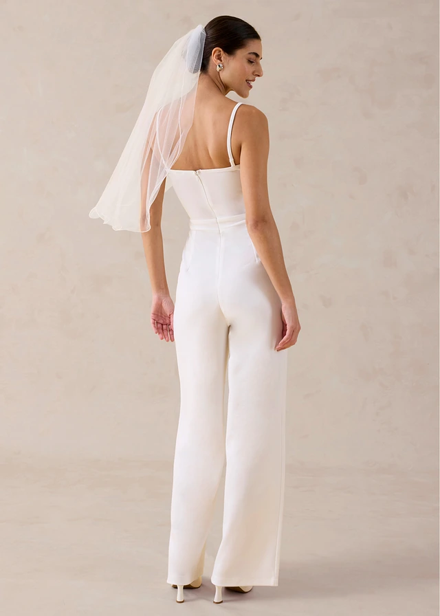 Jumpsuit van gestructureerde crêpe met parelborduursel, Kleur: wolwit