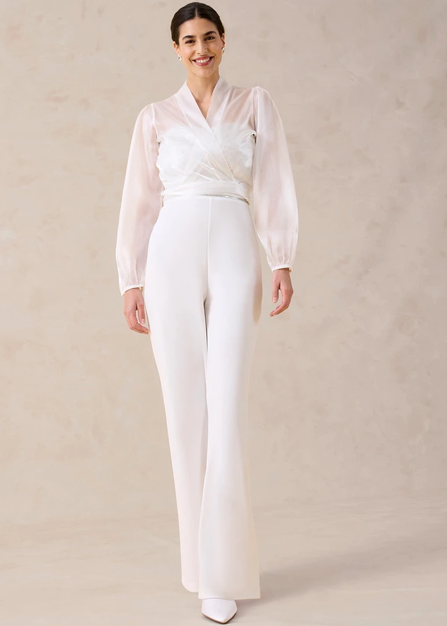 Jumpsuit van gestructureerde crêpe met parelborduursel, Kleur: wolwit