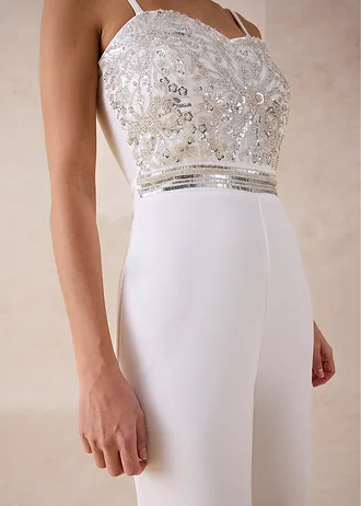 Combinaison en crêpe texturé avec perles brodées • ecru • Boutique bonprix