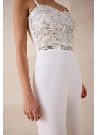 Jumpsuit van gestructureerde crêpe met parelborduursel • wolwit • bonprix online shop