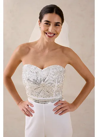 Bruidsjumpsuit van crêpe met structuur en parelborduursel • wolwit • bonprix online shop