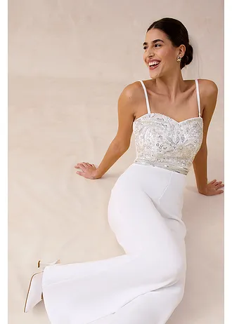 Bruidsjumpsuit van crêpe met structuur en parelborduursel • wolwit • bonprix online shop