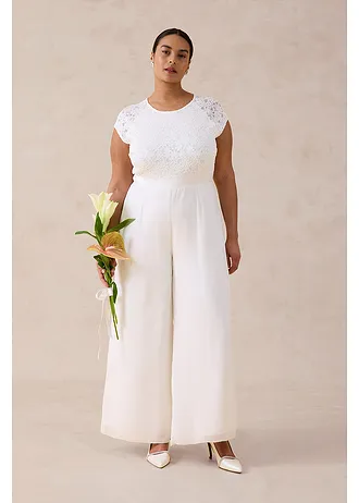 Jumpsuit van fijn chiffon met kant, Kleur: wolwit