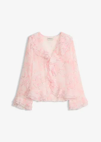 Chiffon blouse met volants, Kleur: wolwit gebloemd